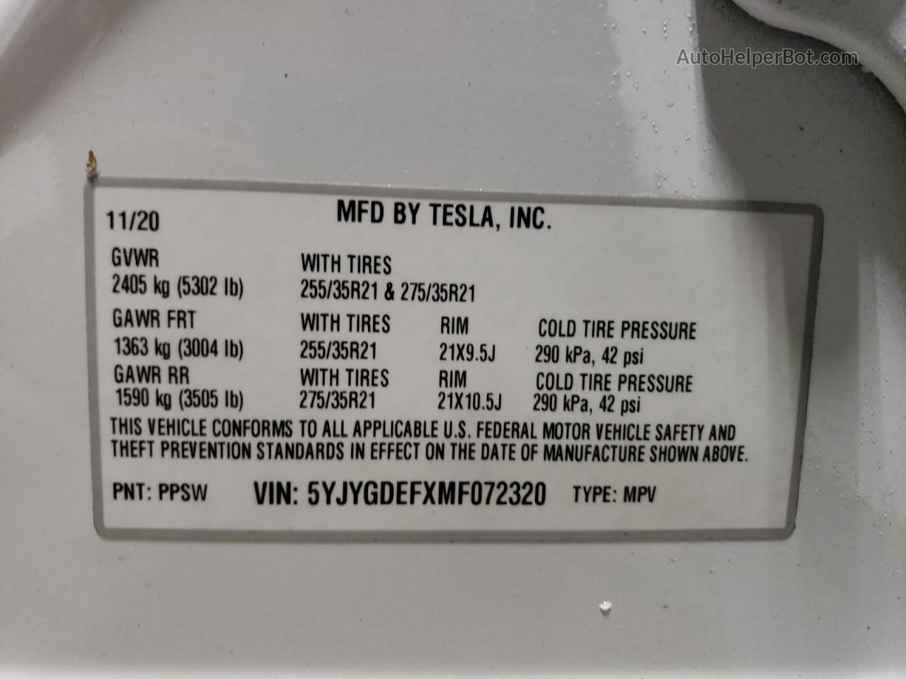 2021 Tesla Model Y  White vin: 5YJYGDEFXMF072320