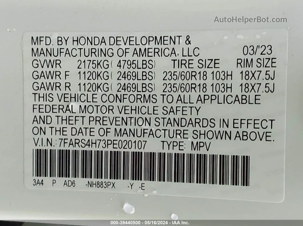 2023 Honda Cr-v Ex-l Awd White vin: 7FARS4H73PE020107