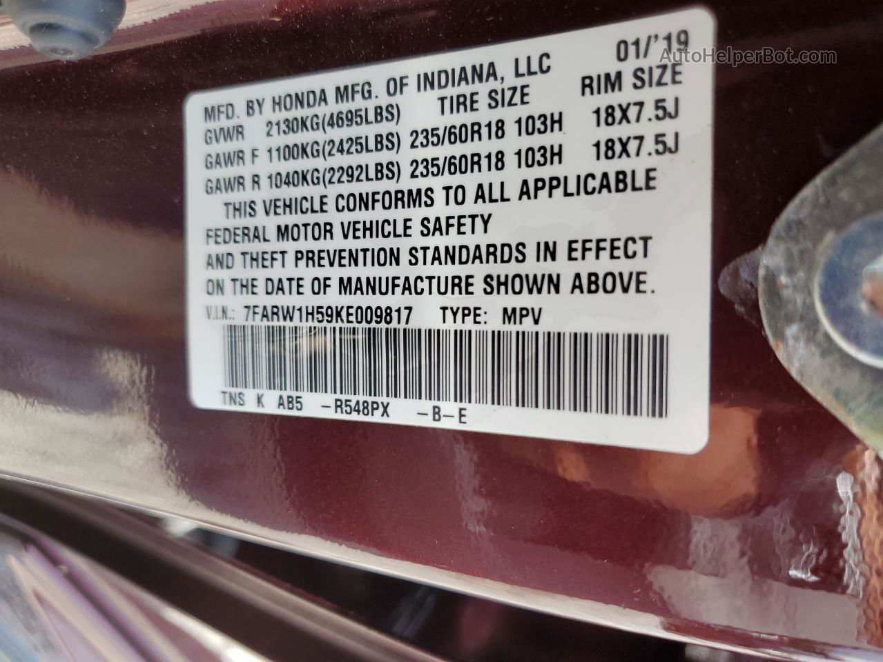 2019 Honda Cr-v Ex Burgundy vin: 7FARW1H59KE009817