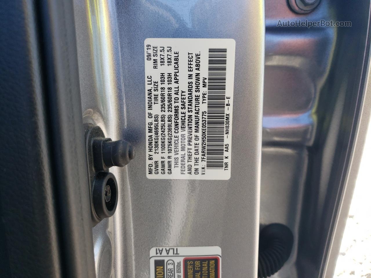 2019 Honda Cr-v Ex Silver vin: 7FARW2H50KE053775