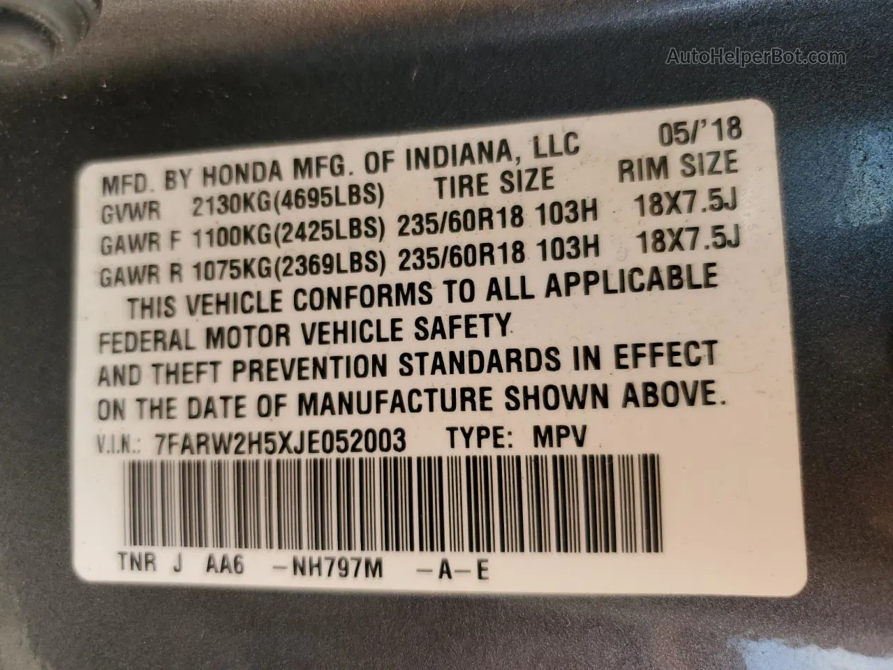 2018 Honda Cr-v Ex Charcoal vin: 7FARW2H5XJE052003