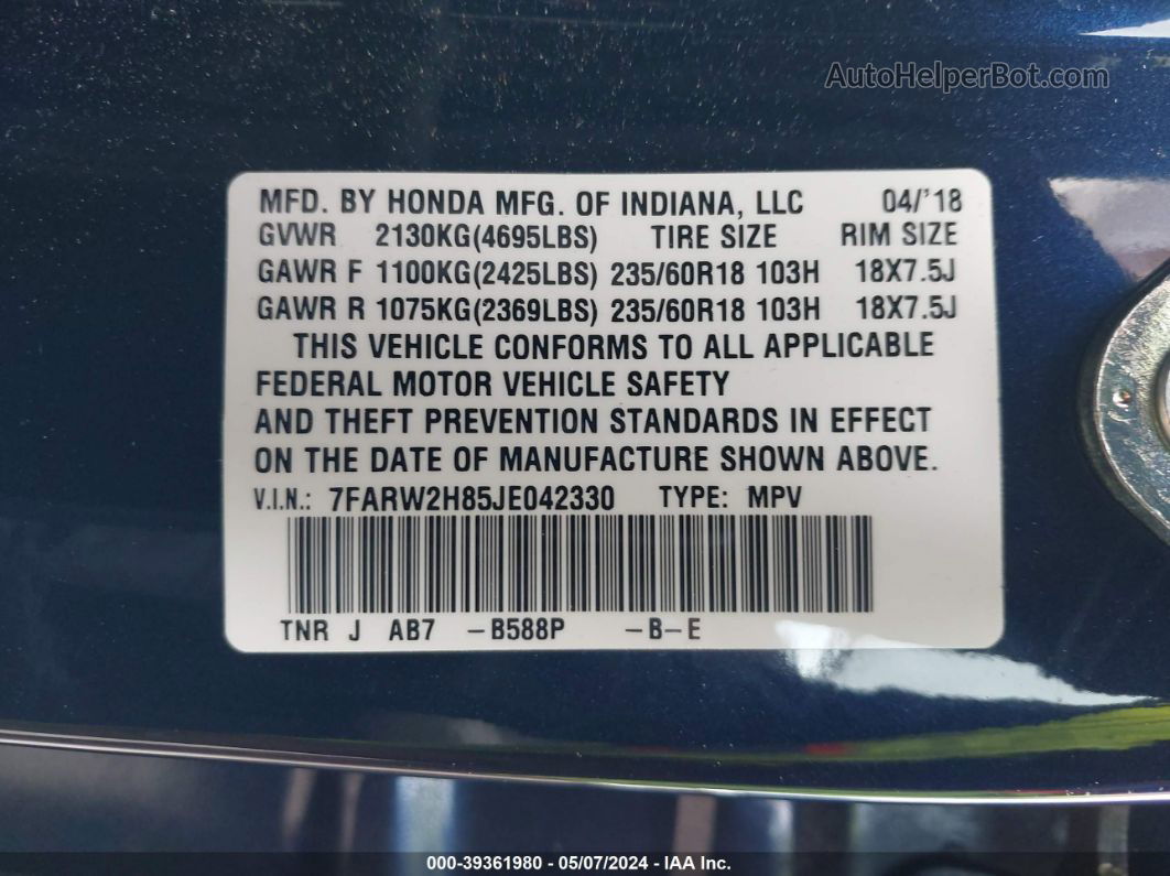 2018 Honda Cr-v Ex-l/ex-l Navi Blue vin: 7FARW2H85JE042330