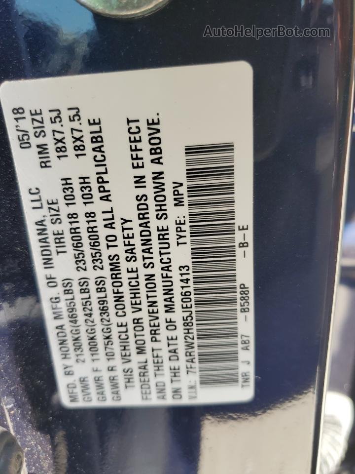 2018 Honda Cr-v Exl Blue vin: 7FARW2H85JE061413