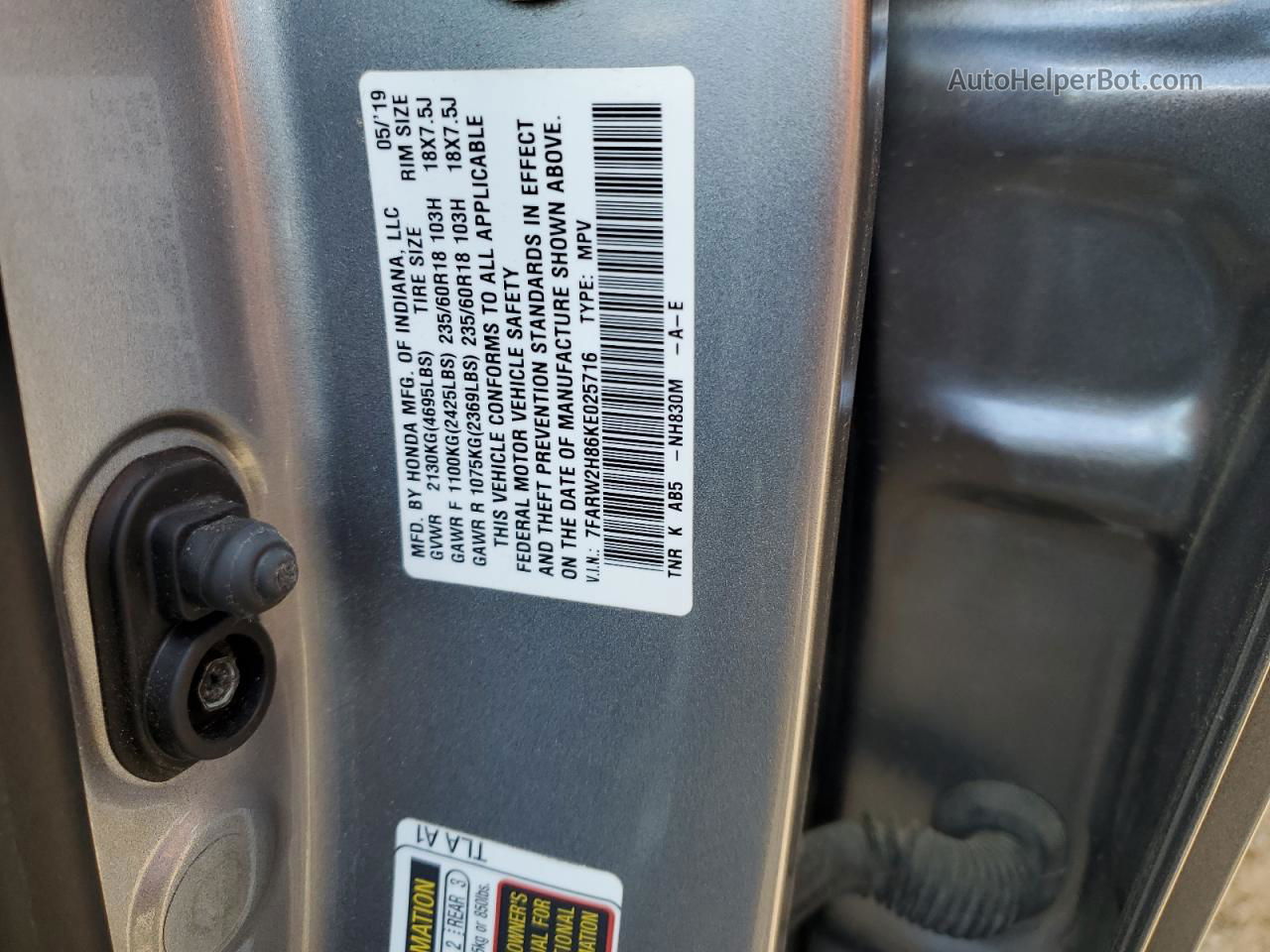 2019 Honda Cr-v Exl Silver vin: 7FARW2H86KE025716