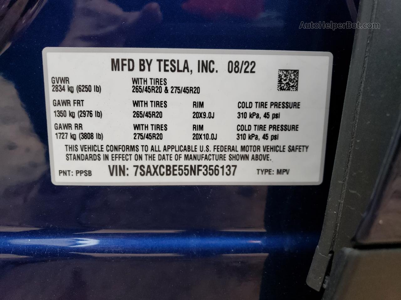2022 Tesla Model X  Blue vin: 7SAXCBE55NF356137