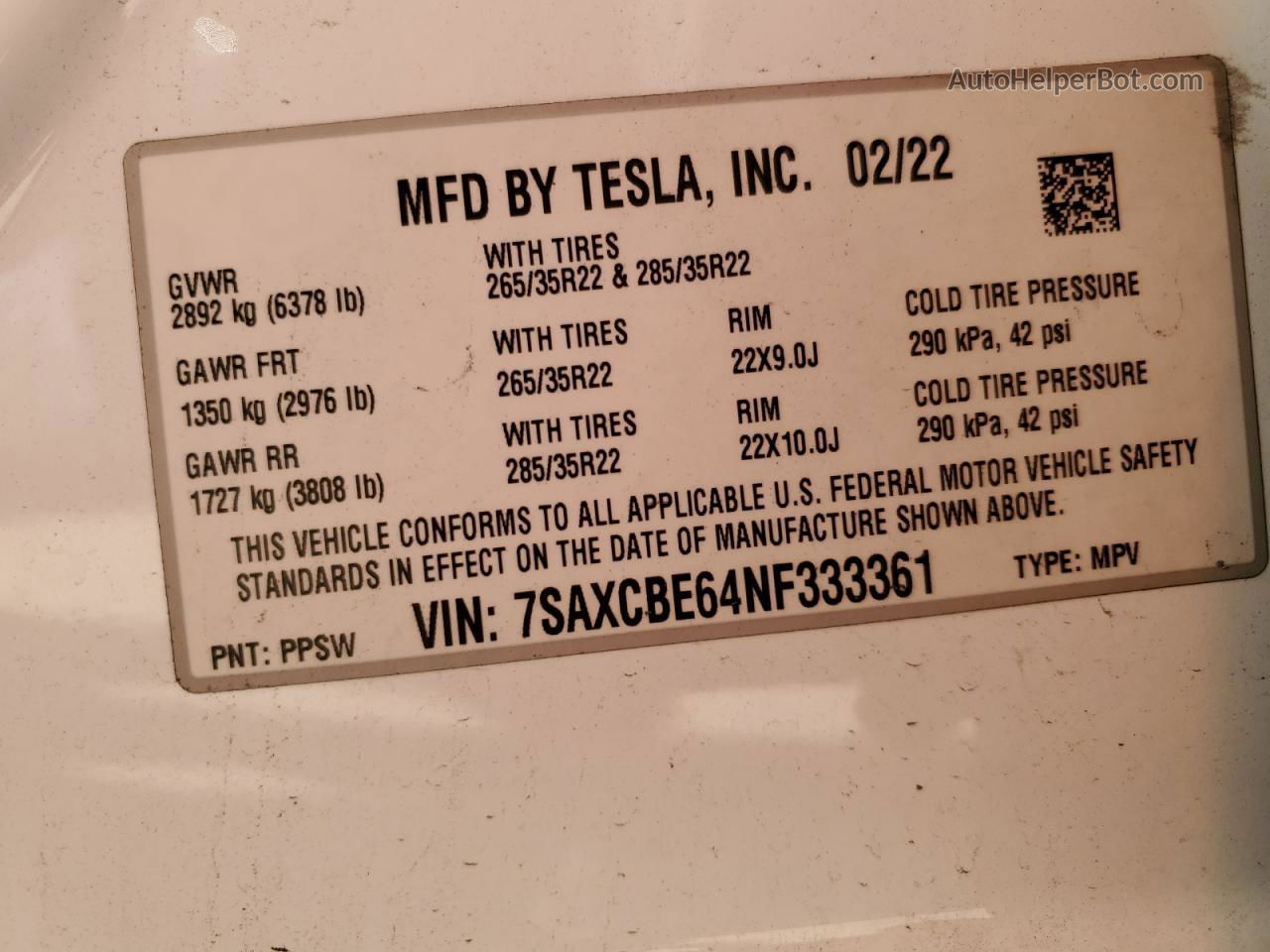 2022 Tesla Model X  White vin: 7SAXCBE64NF333361