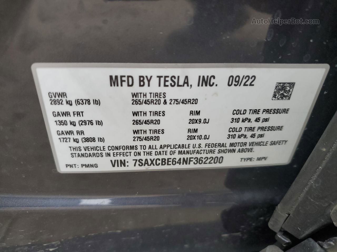 2022 Tesla Model X  Gray vin: 7SAXCBE64NF362200