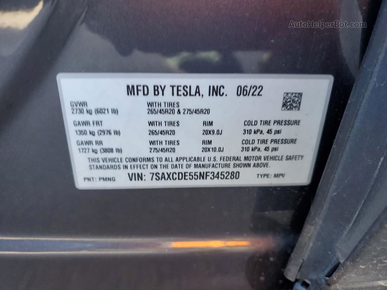 2022 Tesla Model X  Угольный vin: 7SAXCDE55NF345280