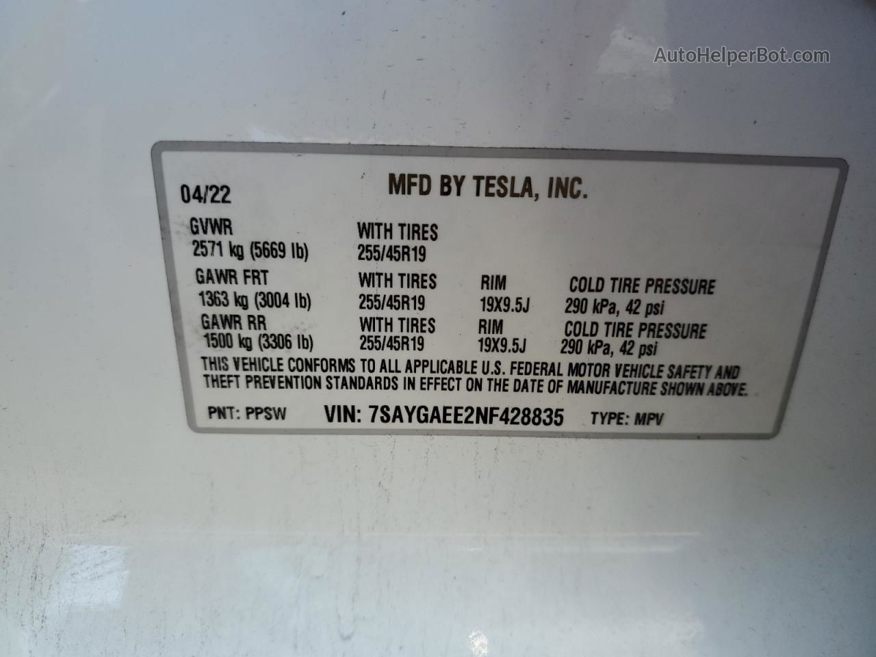 2022 Tesla Model Y  White vin: 7SAYGAEE2NF428835