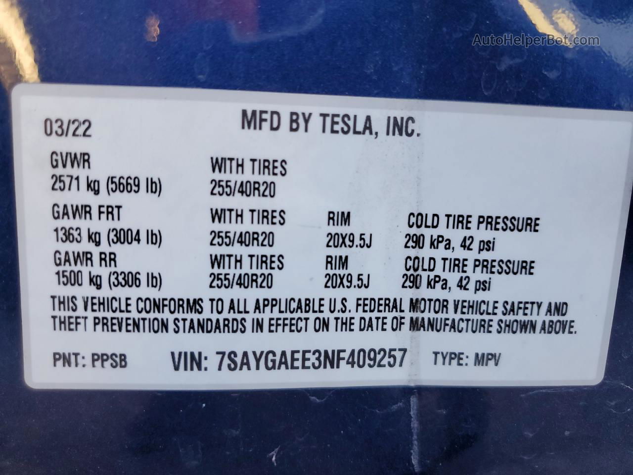 2022 Tesla Model Y  Blue vin: 7SAYGAEE3NF409257