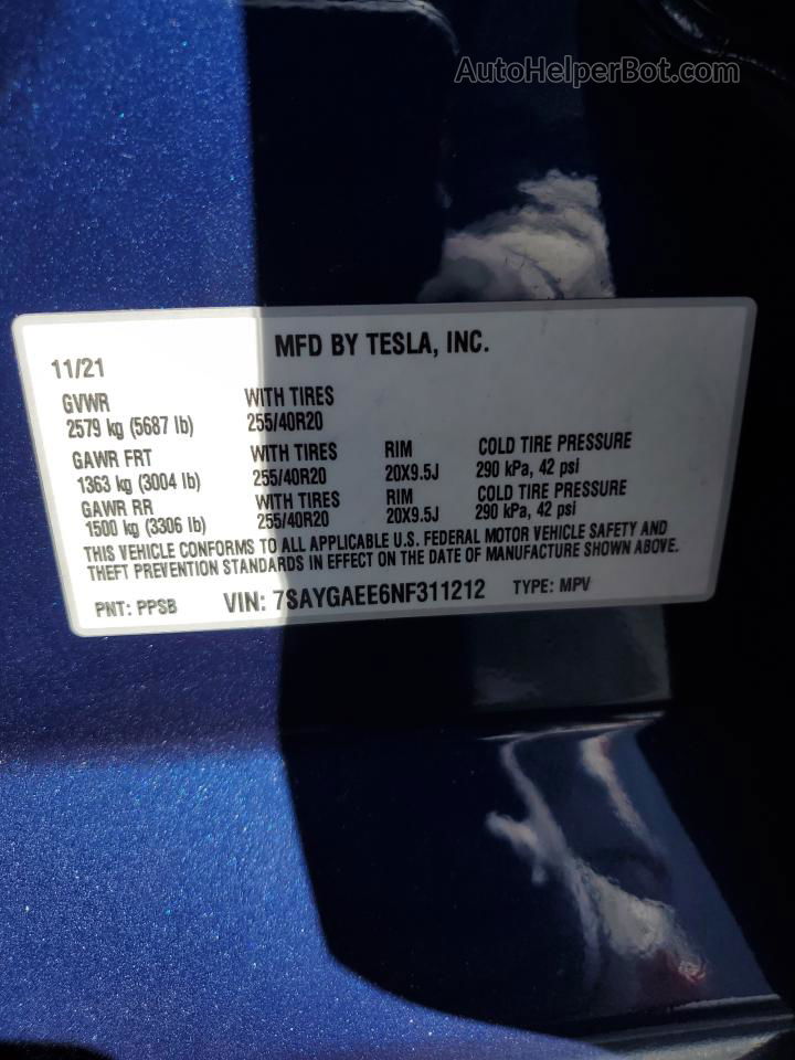 2022 Tesla Model Y  Blue vin: 7SAYGAEE6NF311212