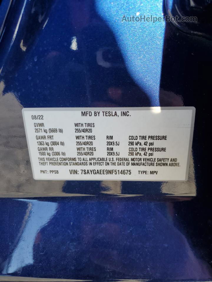 2022 Tesla Model Y  Blue vin: 7SAYGAEE9NF514675