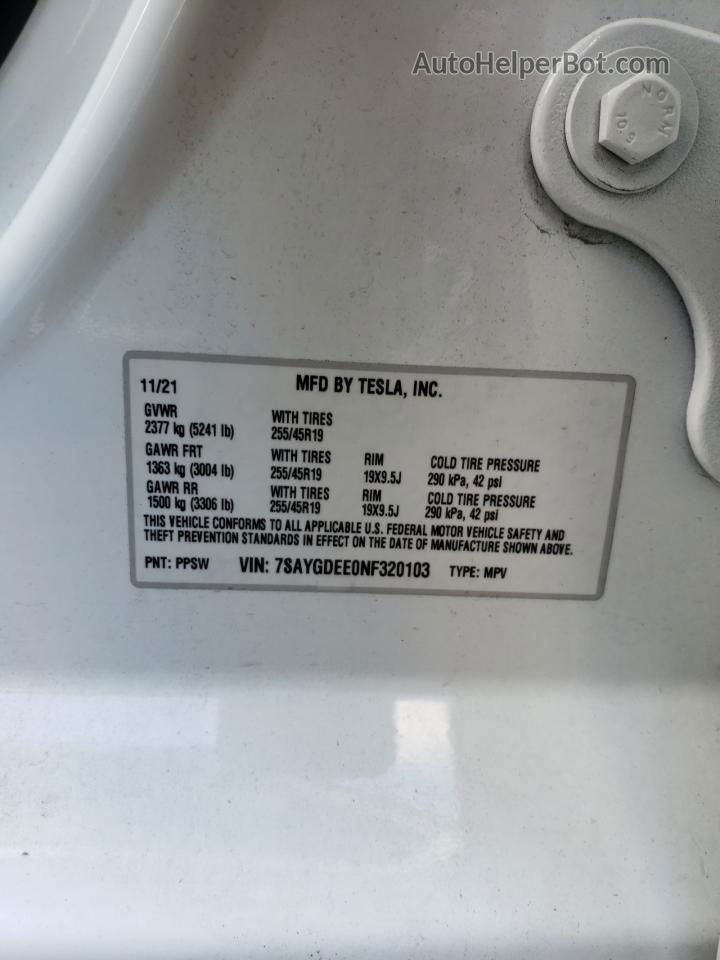 2022 Tesla Model Y  White vin: 7SAYGDEE0NF320103