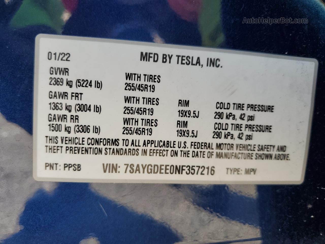 2022 Tesla Model Y  Blue vin: 7SAYGDEE0NF357216