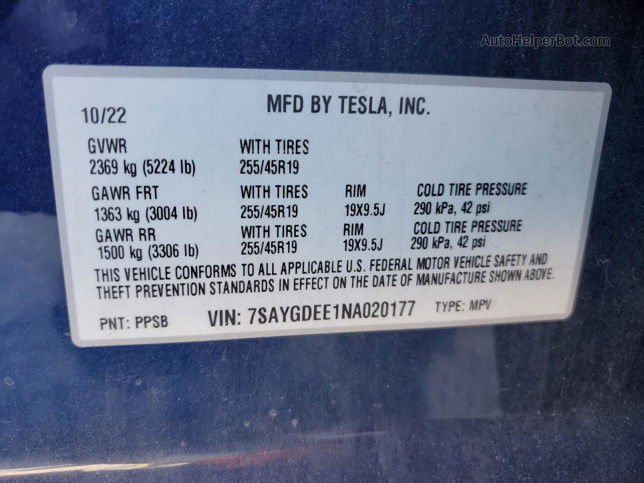 2022 Tesla Model Y  Blue vin: 7SAYGDEE1NA020177