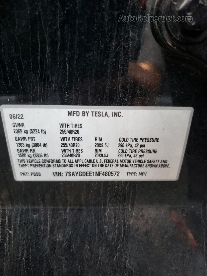 2022 Tesla Model Y  Black vin: 7SAYGDEE1NF480572