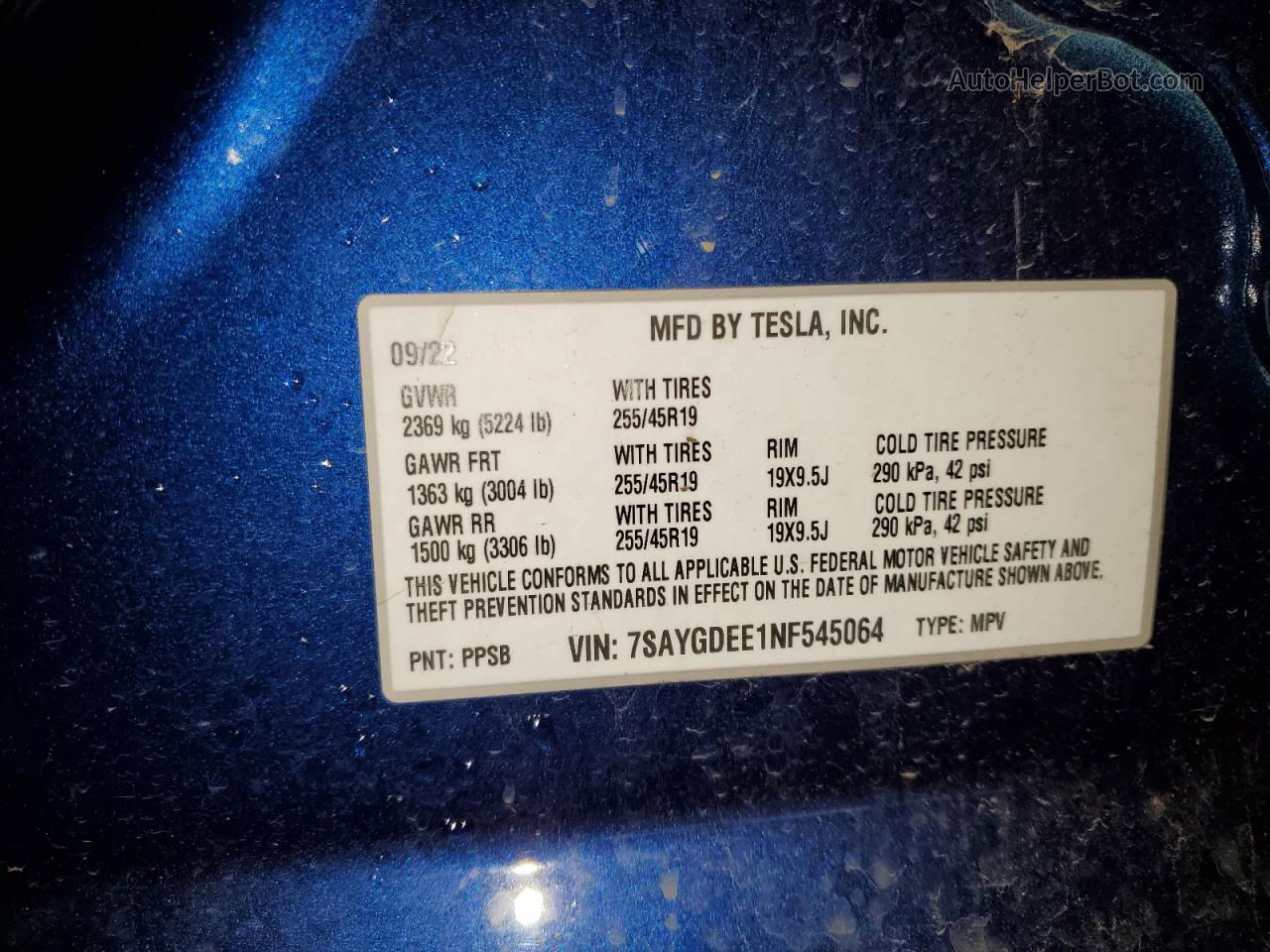 2022 Tesla Model Y  Blue vin: 7SAYGDEE1NF545064