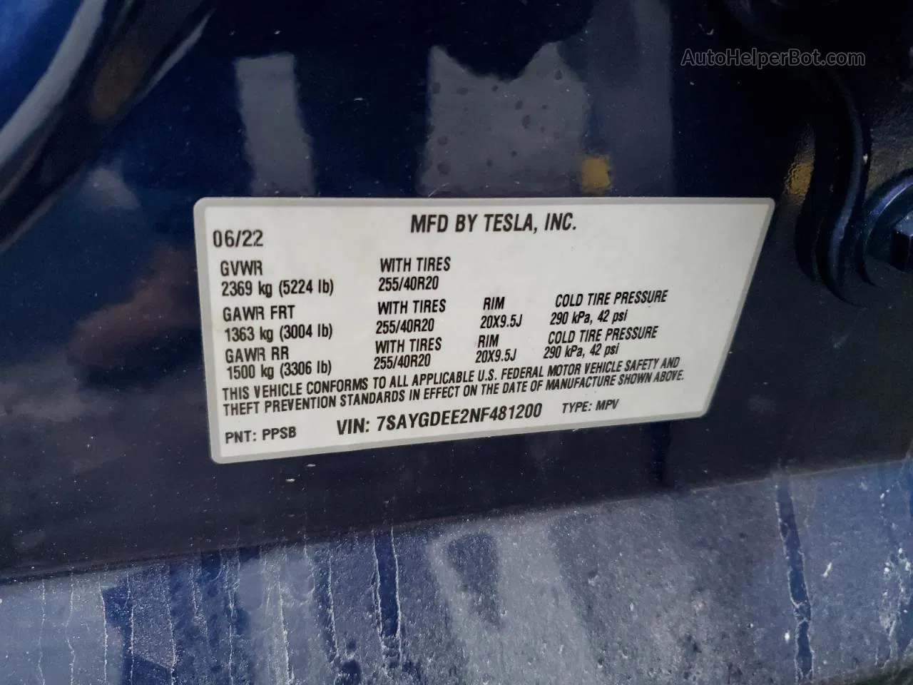 2022 Tesla Model Y  Blue vin: 7SAYGDEE2NF481200