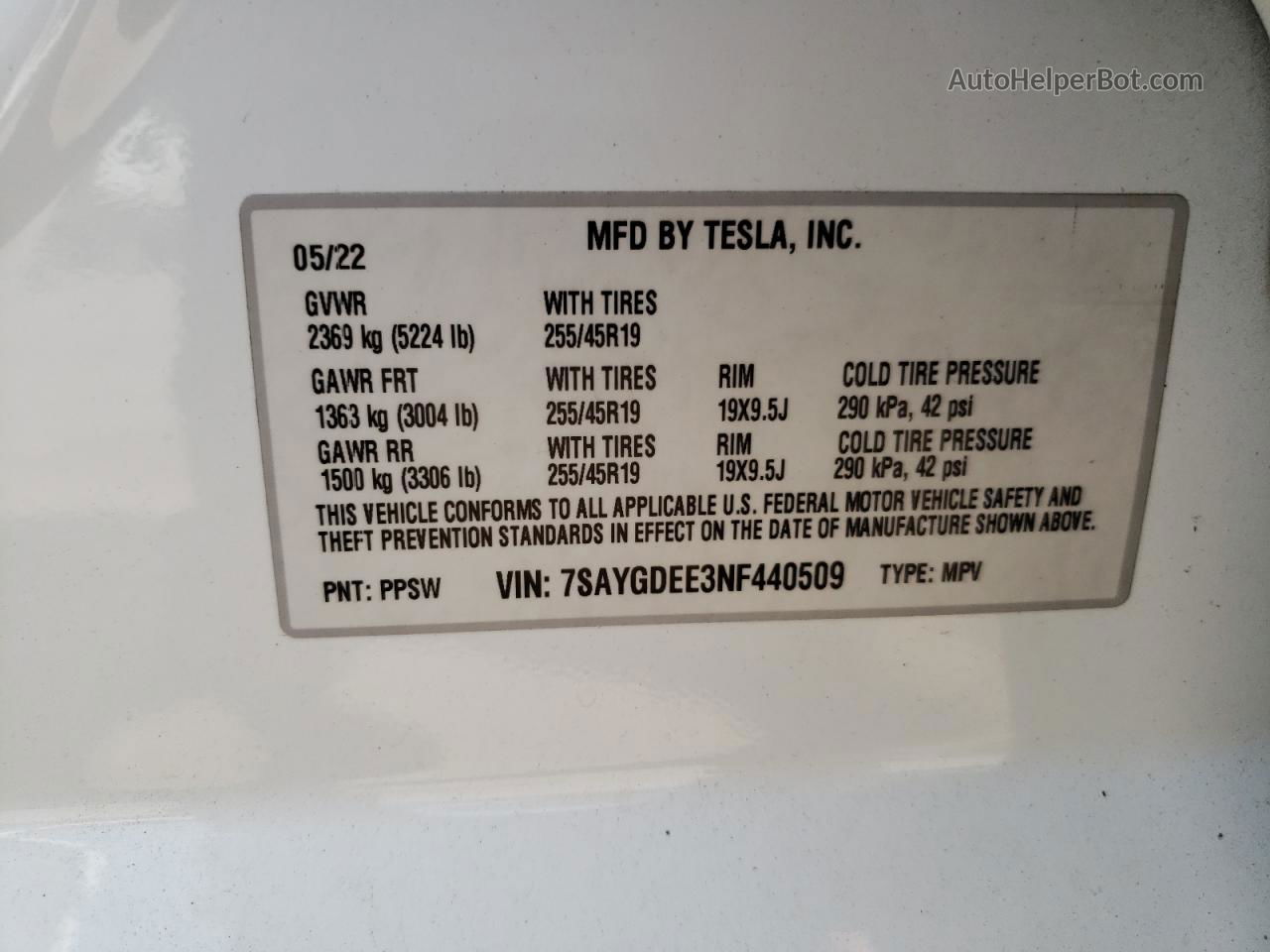 2022 Tesla Model Y  White vin: 7SAYGDEE3NF440509