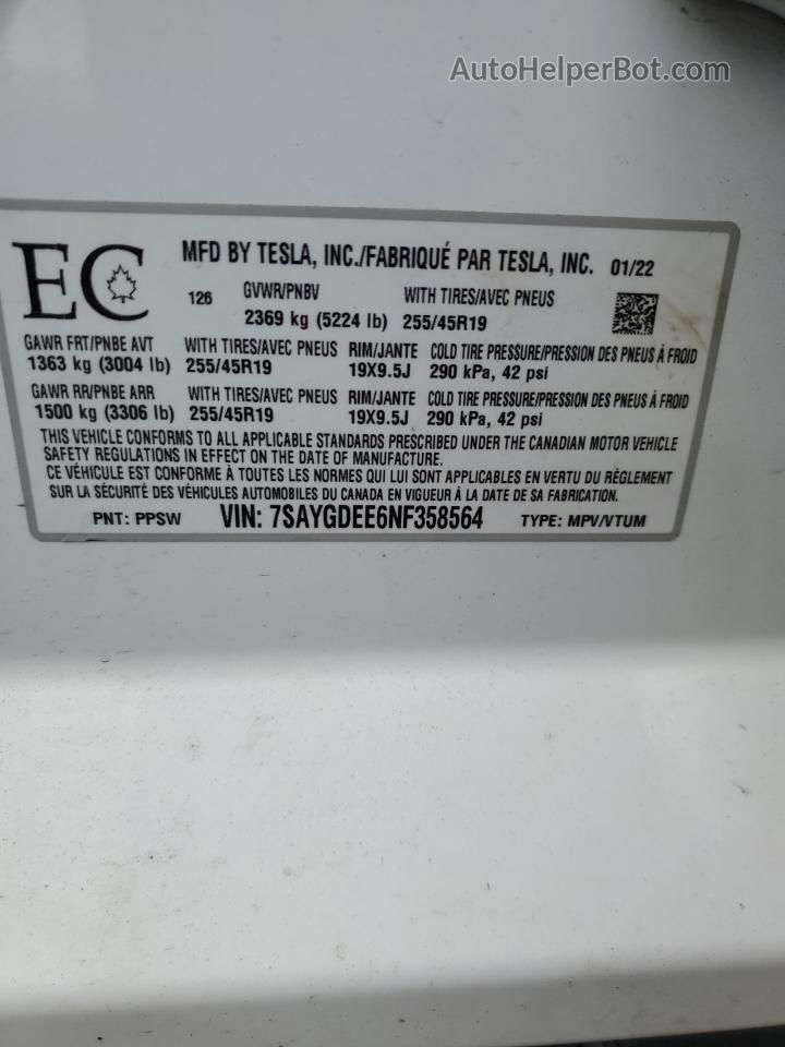 2022 Tesla Model Y  White vin: 7SAYGDEE6NF358564