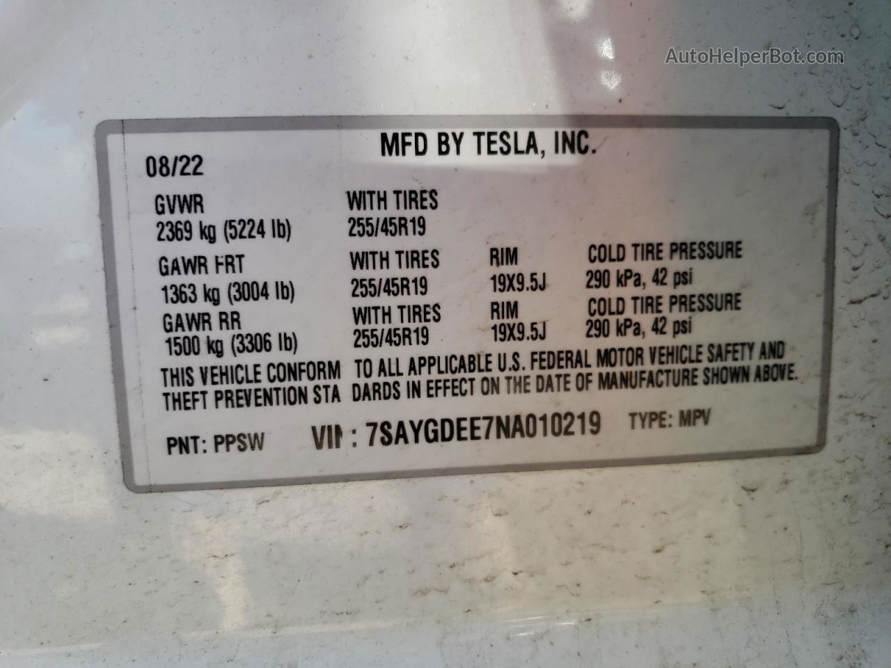 2022 Tesla Model Y  White vin: 7SAYGDEE7NA010219