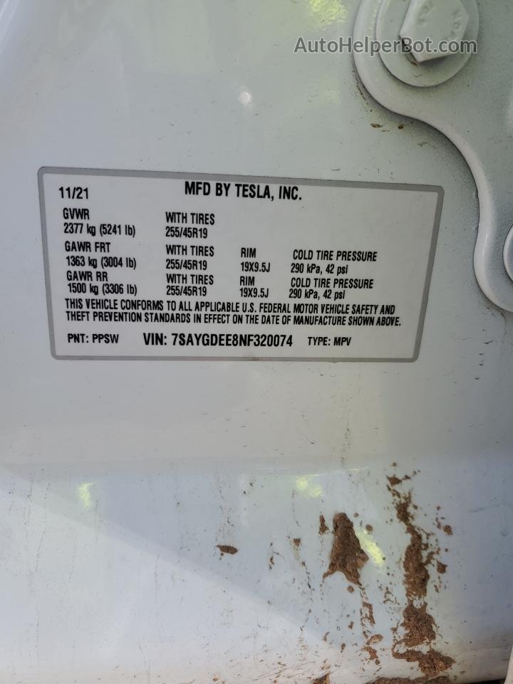 2022 Tesla Model Y  White vin: 7SAYGDEE8NF320074