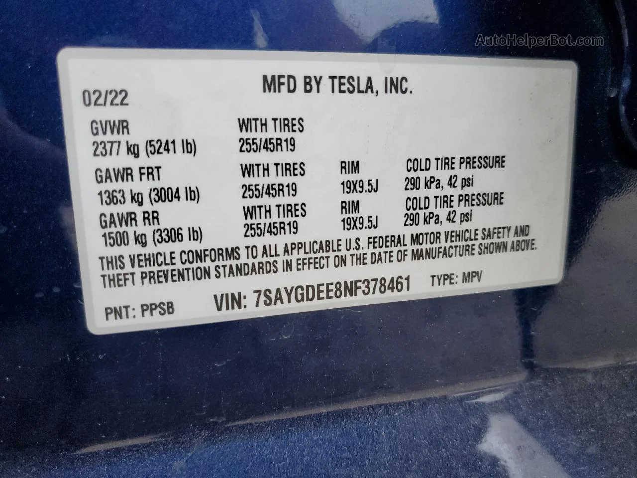 2022 Tesla Model Y  Blue vin: 7SAYGDEE8NF378461