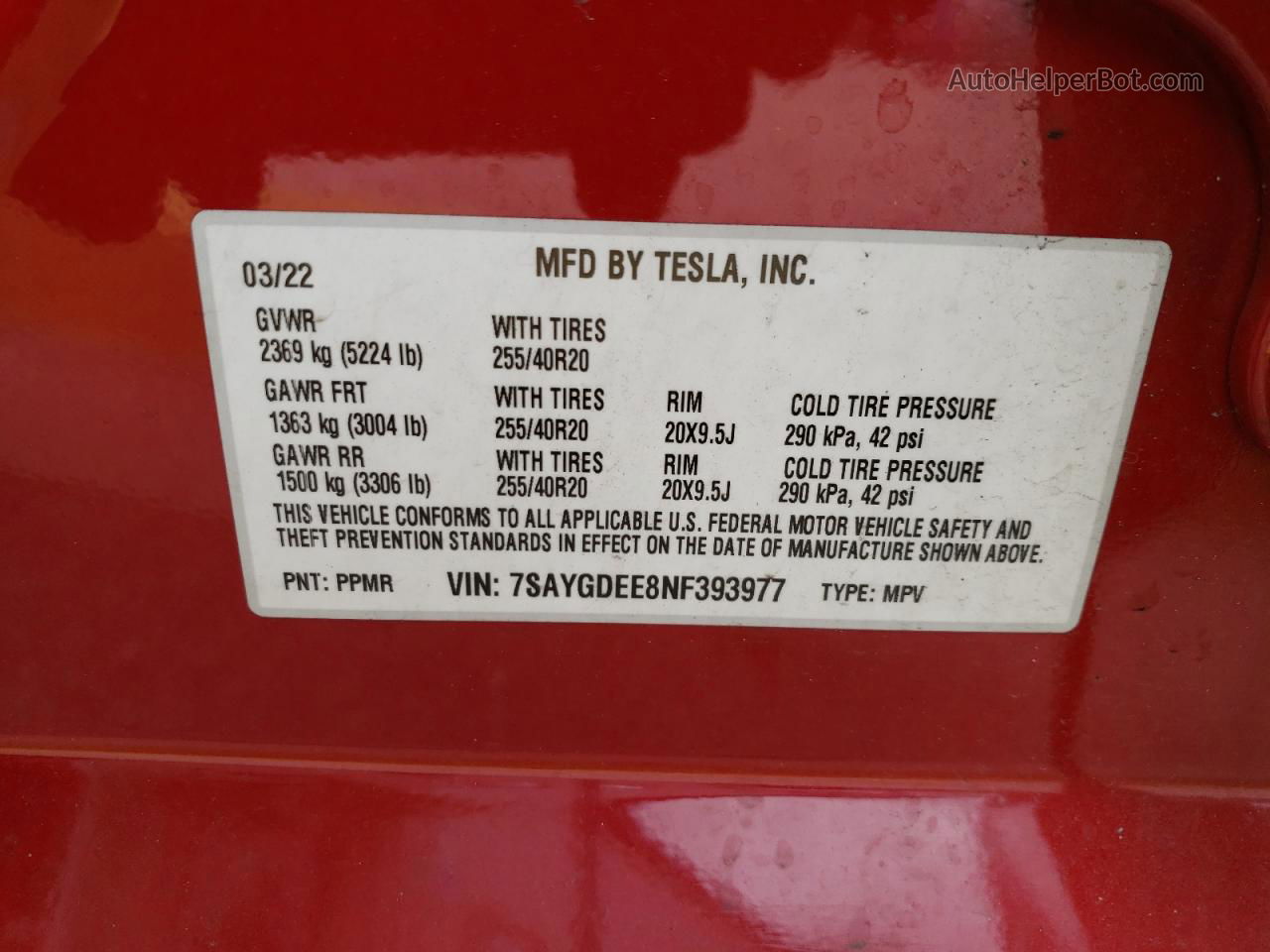2022 Tesla Model Y  Red vin: 7SAYGDEE8NF393977