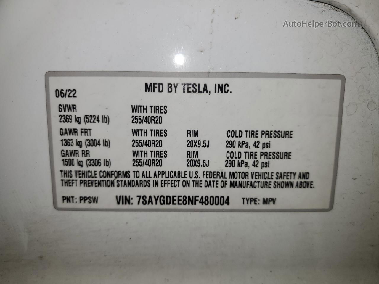 2022 Tesla Model Y  White vin: 7SAYGDEE8NF480004