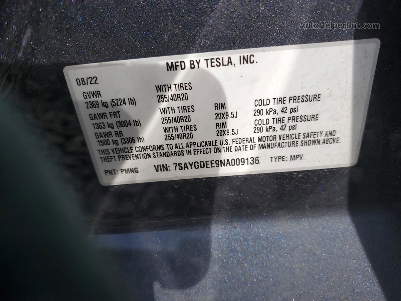 2022 Tesla Model Y  Серый vin: 7SAYGDEE9NA009136