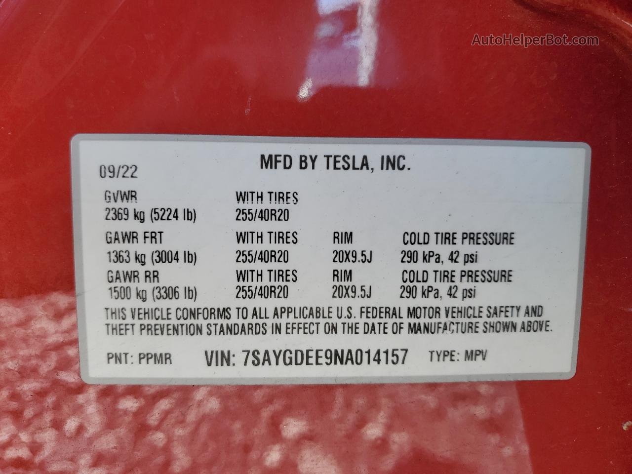 2022 Tesla Model Y  Red vin: 7SAYGDEE9NA014157