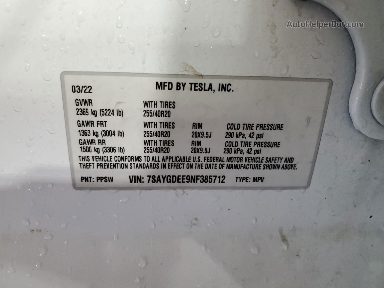 2022 Tesla Model Y  White vin: 7SAYGDEE9NF385712