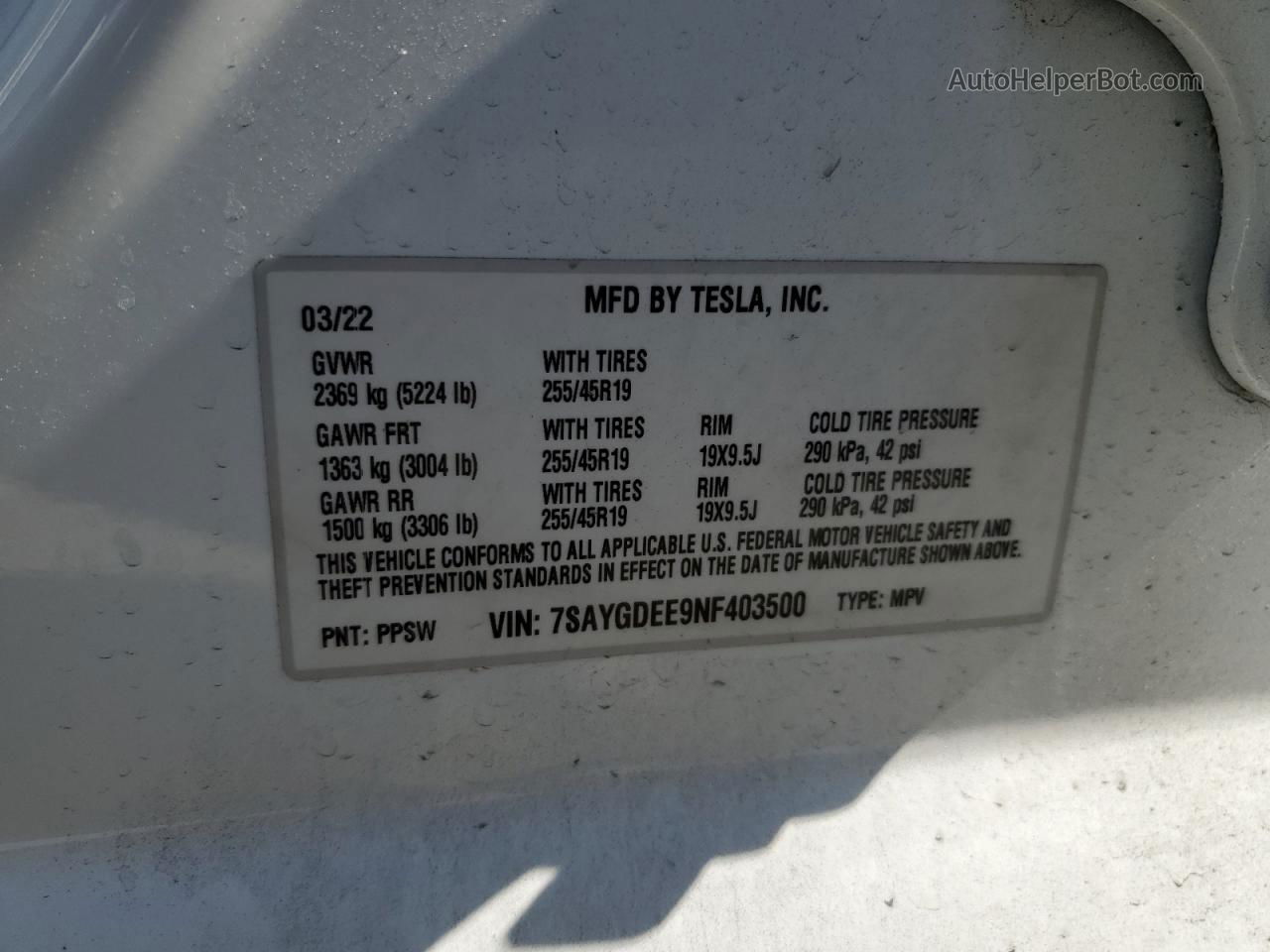 2022 Tesla Model Y  White vin: 7SAYGDEE9NF403500