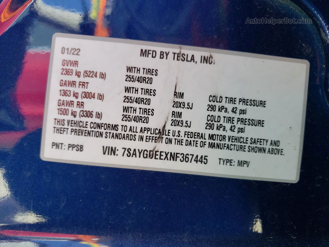 2022 Tesla Model Y  Blue vin: 7SAYGDEEXNF367445