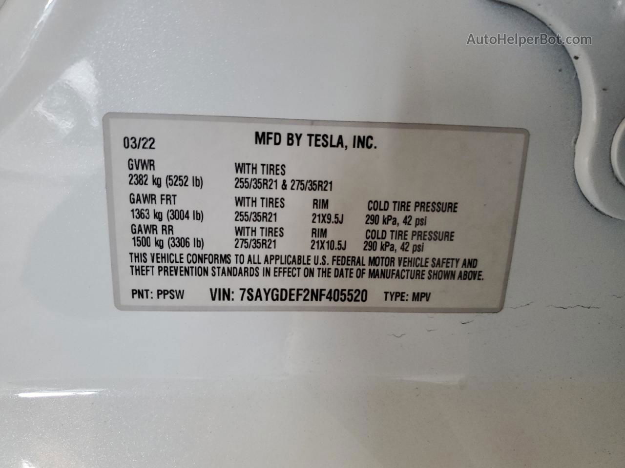 2022 Tesla Model Y  White vin: 7SAYGDEF2NF405520