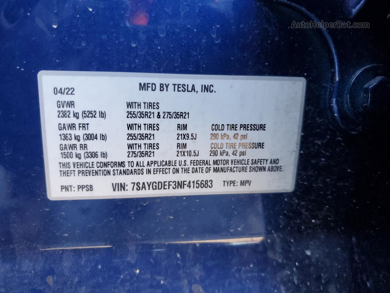 2022 Tesla Model Y  Blue vin: 7SAYGDEF3NF415683