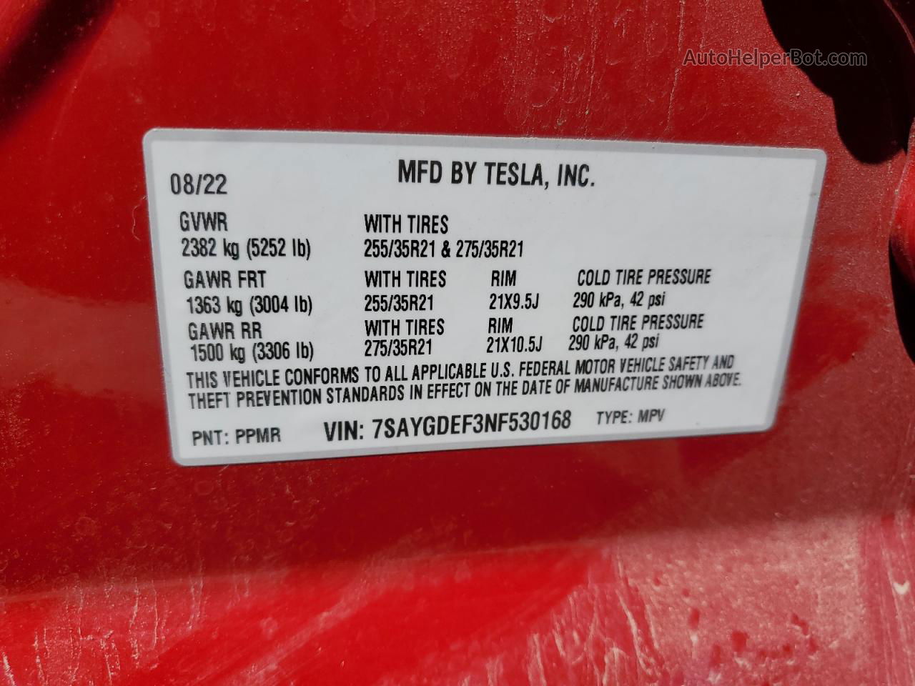 2022 Tesla Model Y  Red vin: 7SAYGDEF3NF530168