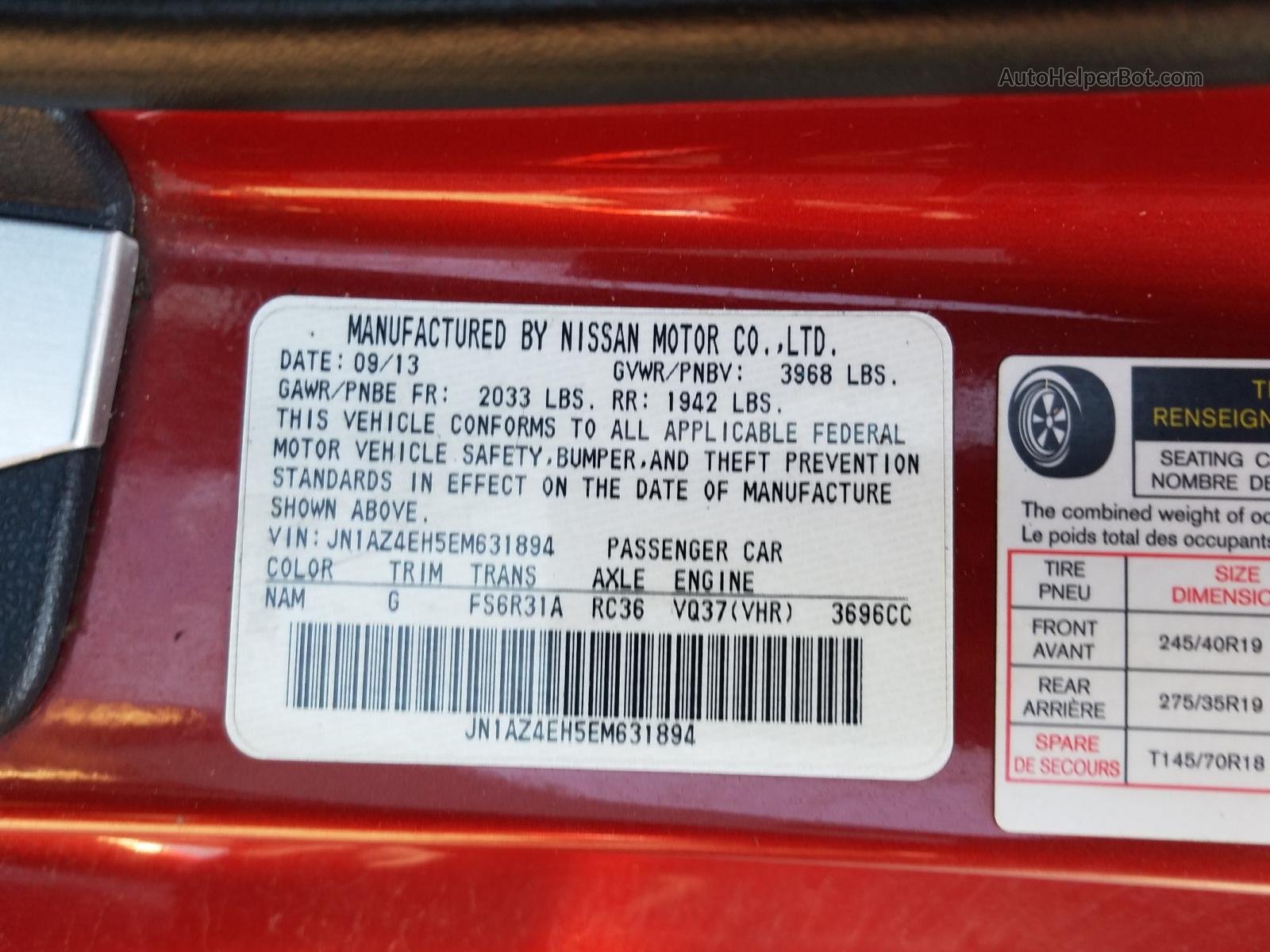 2014 Nissan 370z Base Red vin: JN1AZ4EH5EM631894