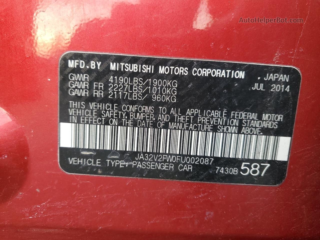 2015 Mitsubishi Lancer Se Red vin: JA32V2FW0FU002087
