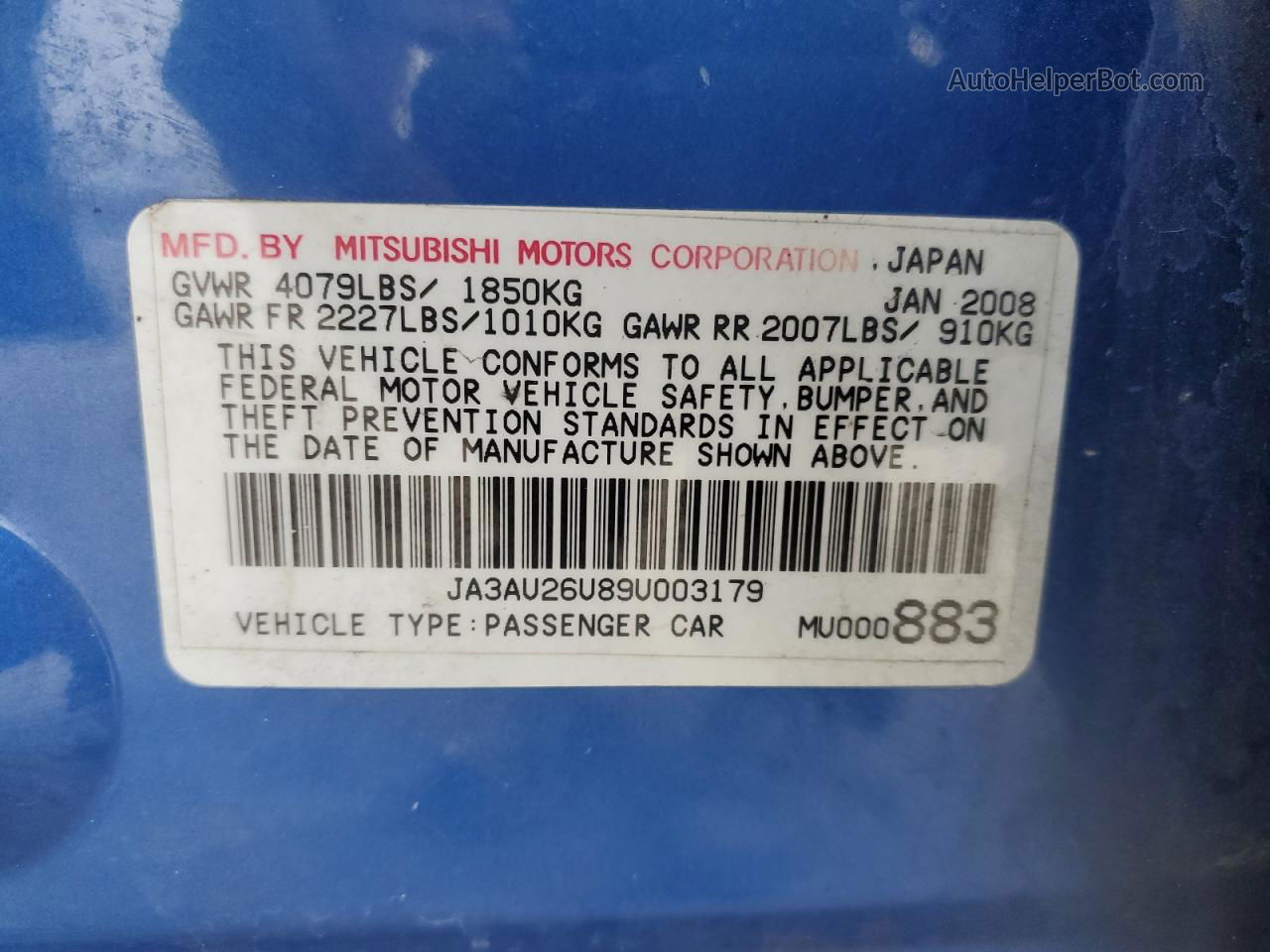2009 Mitsubishi Lancer Es/es Sport Синий vin: JA3AU26U89U003179