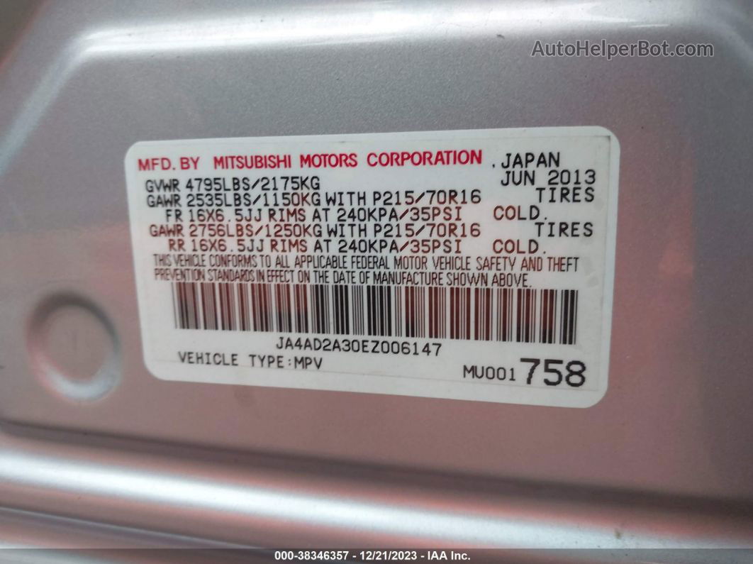 2014 Mitsubishi Outlander Es Silver vin: JA4AD2A30EZ006147