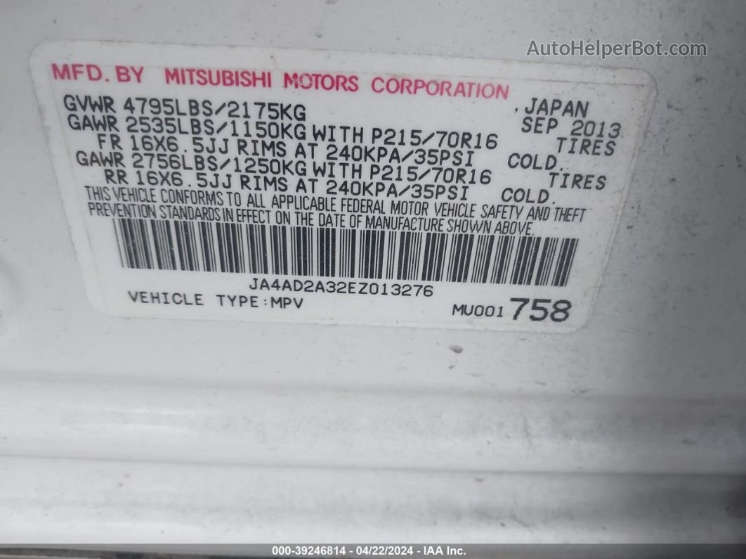 2014 Mitsubishi Outlander Es White vin: JA4AD2A32EZ013276