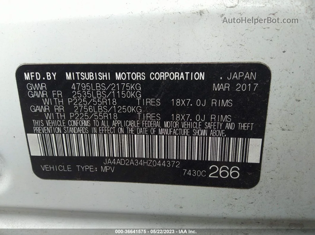 2017 Mitsubishi Outlander Es White vin: JA4AD2A34HZ044372