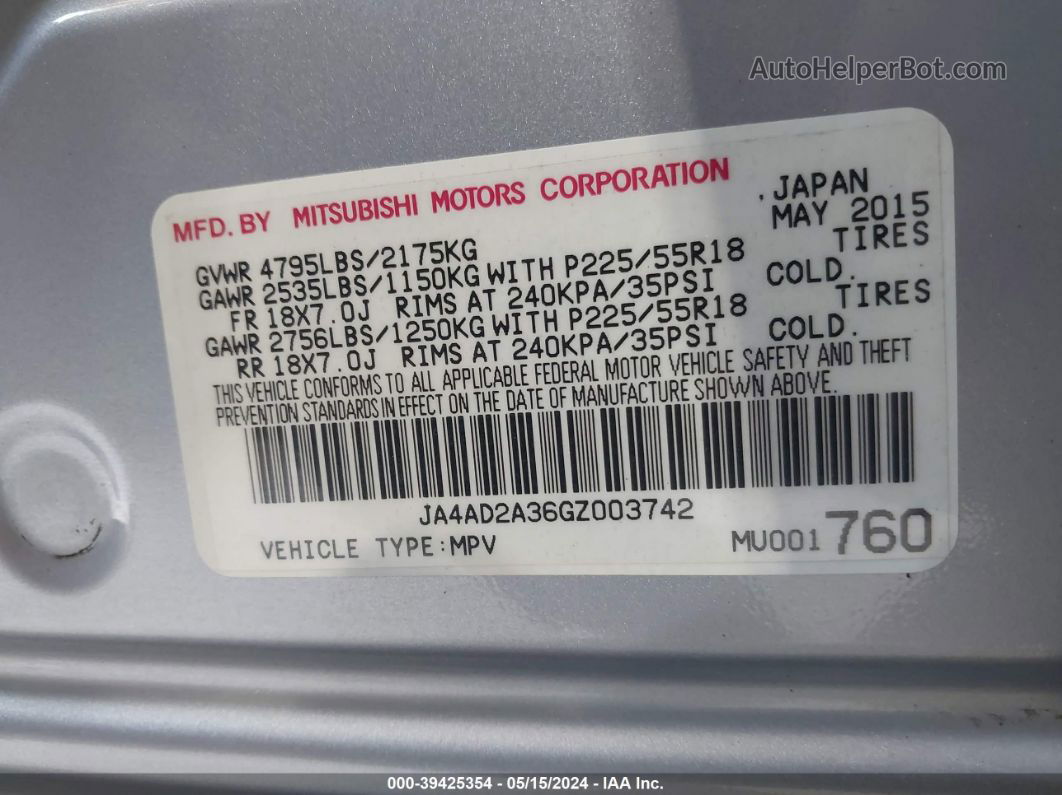 2016 Mitsubishi Outlander Es Silver vin: JA4AD2A36GZ003742