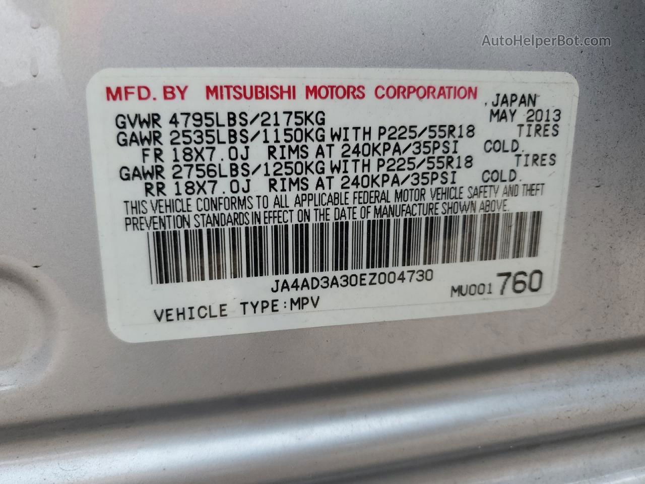 2014 Mitsubishi Outlander Se Silver vin: JA4AD3A30EZ004730