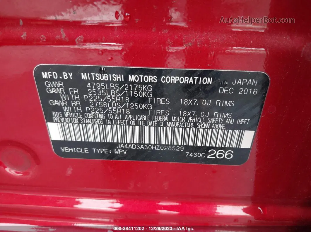 2017 Mitsubishi Outlander Se Red vin: JA4AD3A30HZ028529