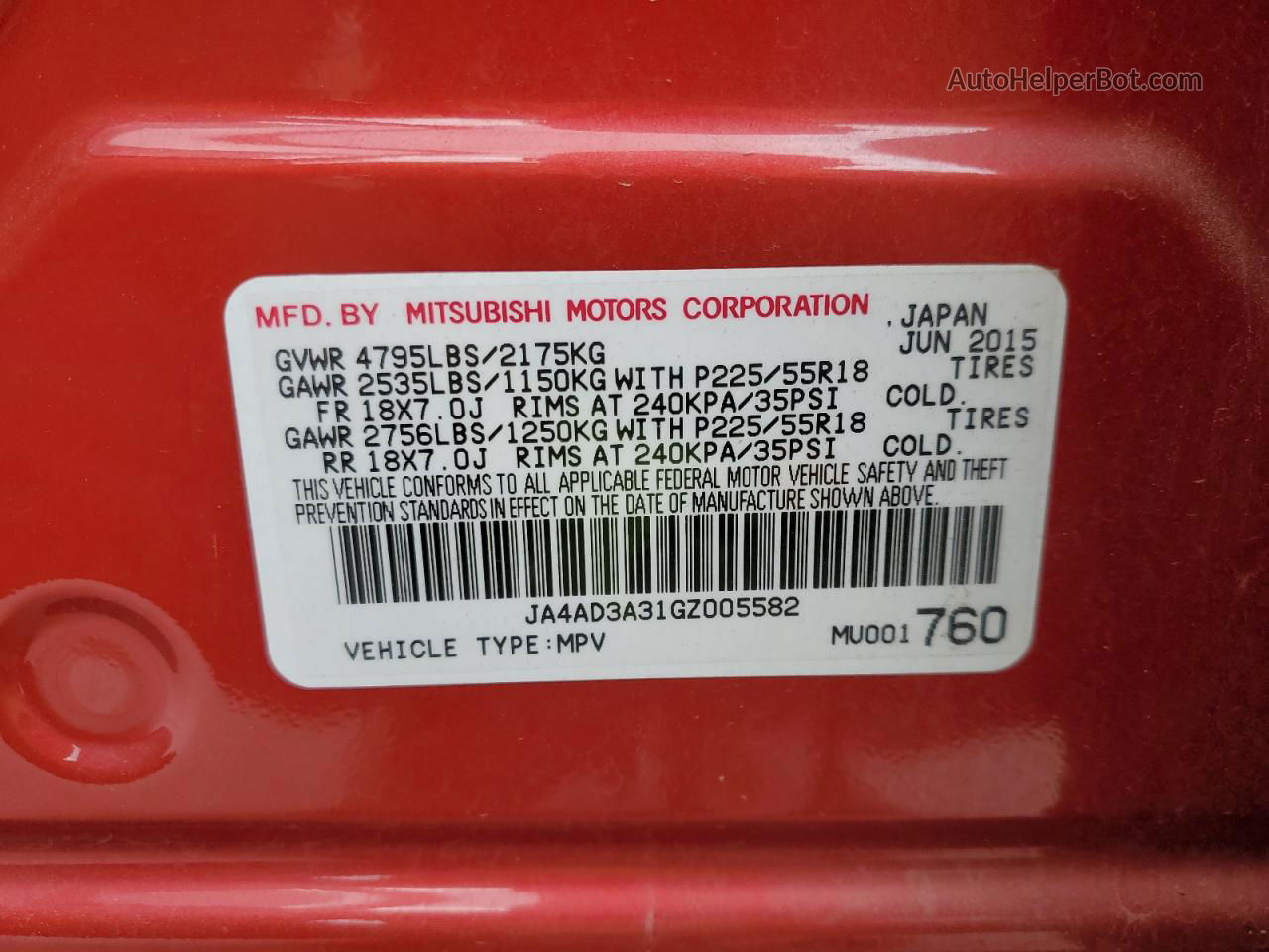 2016 Mitsubishi Outlander Se Red vin: JA4AD3A31GZ005582