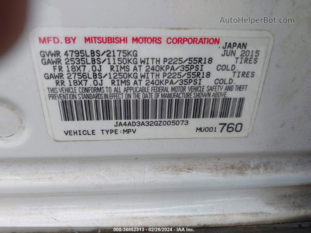 2016 Mitsubishi Outlander Sel Белый vin: JA4AD3A32GZ005073