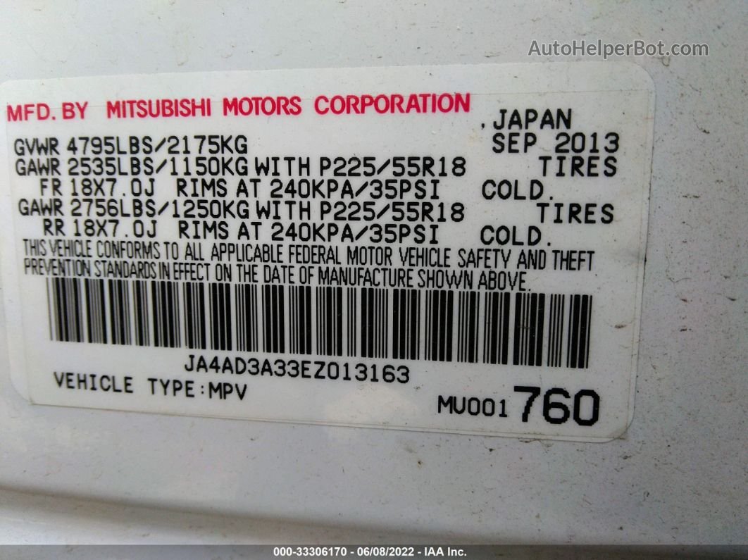 2014 Mitsubishi Outlander Se White vin: JA4AD3A33EZ013163