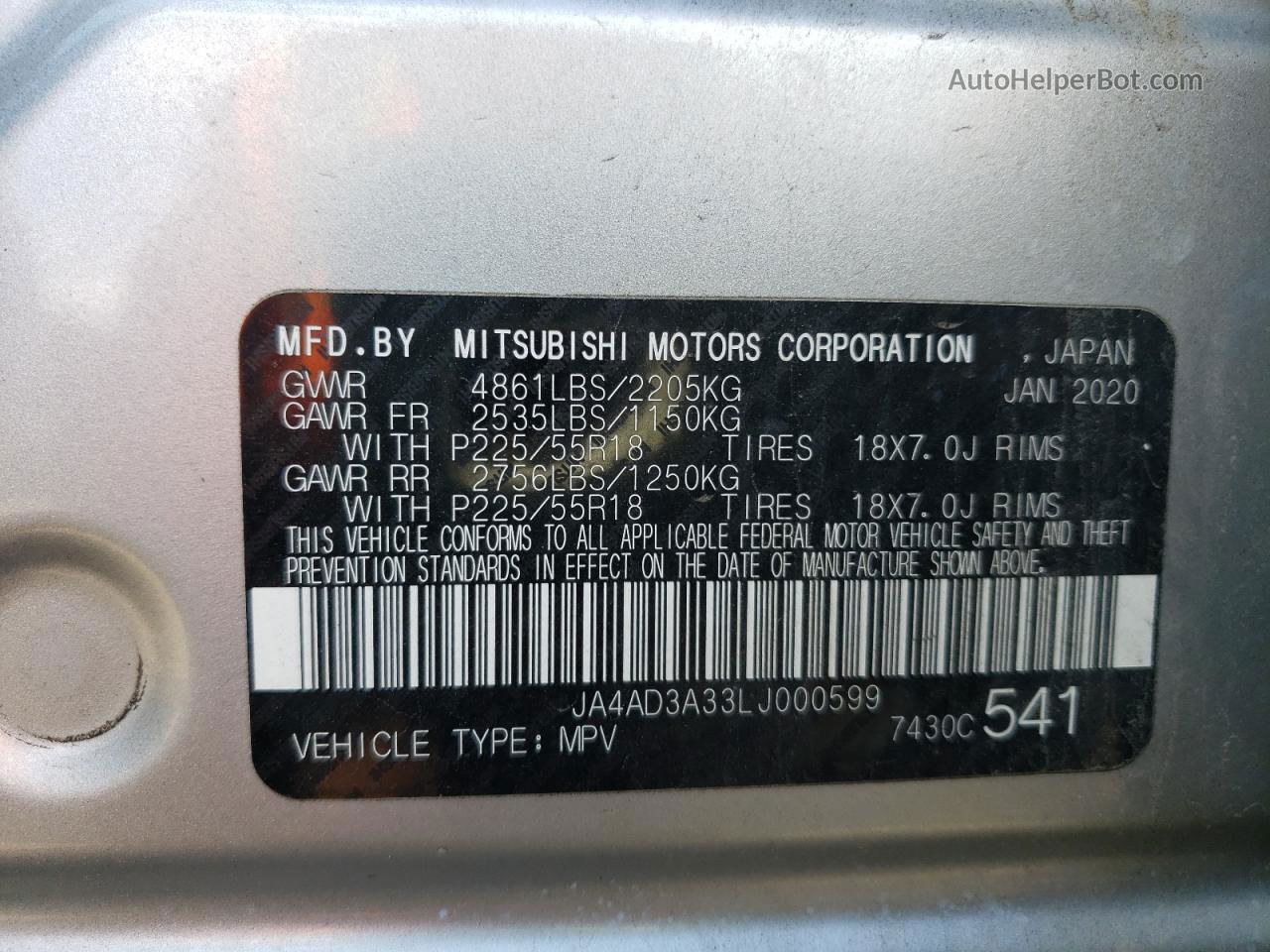 2020 Mitsubishi Outlander Se Silver vin: JA4AD3A33LJ000599